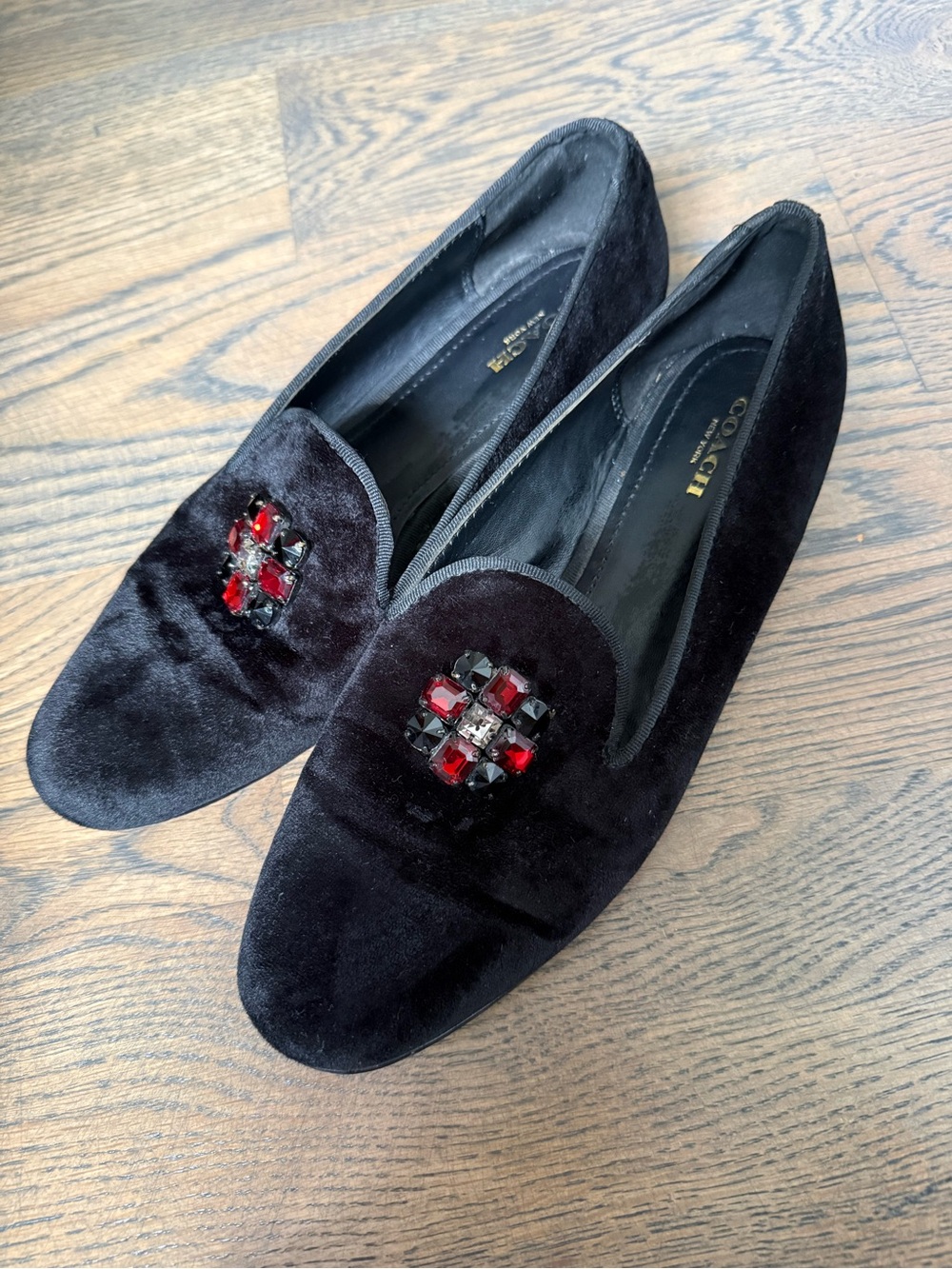 Coach Black Velvet Slip-On Flats with Red and Black Jewel Accents. Size 8.5 EUC